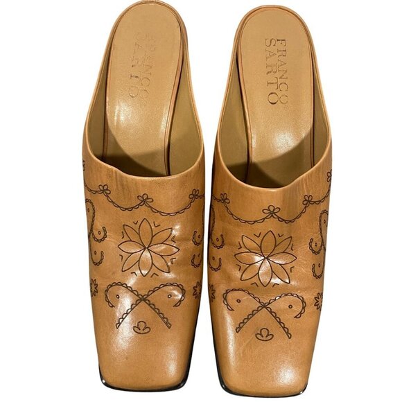 Franco Sarto Tan Leather Etched Slip-On Square Toe Block Heel Mules  Size 10 - Picture 2 of 10